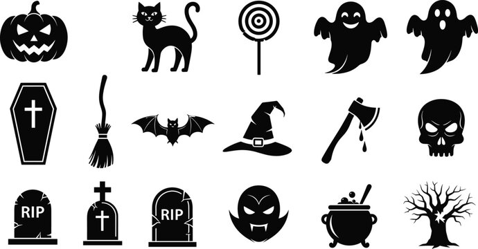 Halloween black silhouette icon set with pumpkin, ghost, skull, bat, witch, tombstone, cat and spooky horror symbols isolated on white background