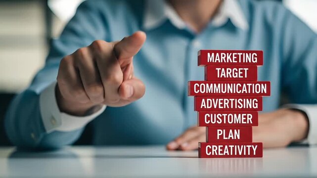 Businessman pointing at stacked red blocks with marketing strategy terms like plan creativity and target