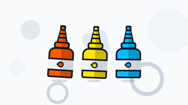 Set of colorful liquid container icons with orange yellow and blue bottles for adhesive glue or medical dropper concepts