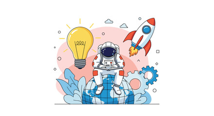 Naklejka premium Global innovation and future exploration theme with an astronaut sitting on the earth surrounded by symbols of knowledge and technology.