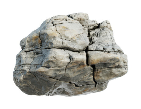 Large weathered grey stone boulder with deep cracks isolated on a white background, for landscaping