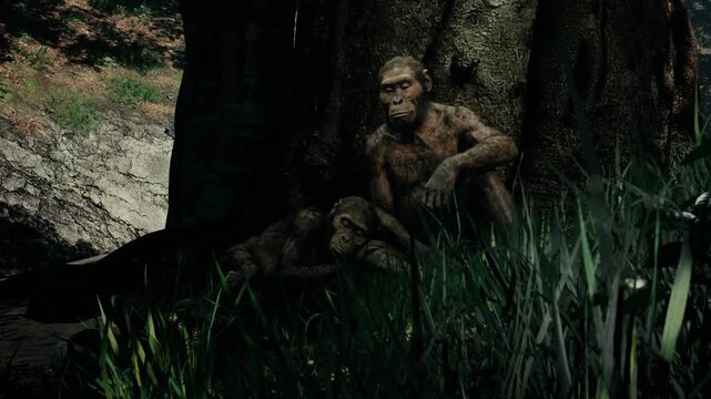 CGI Human Evolution: Detailed 3D Render of Australopithecus Afarensis in its Natural Habitat