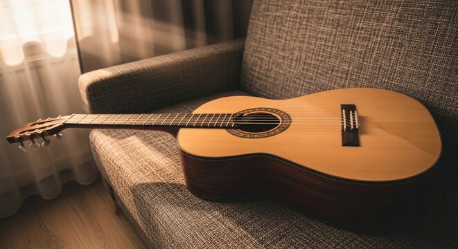 Acoustic Guitar Resting on a Comfortable Couch.