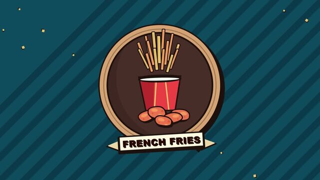 Fast Food French Fries Illustration Animation with Red Paper Cup and Text Label on Blue Striped Background for Snack Promotions