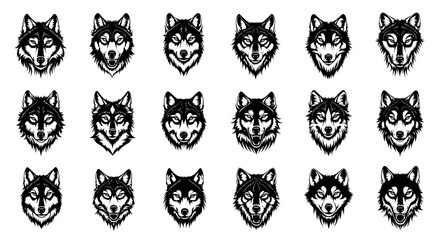 Collection of black and white wolf head illustrations in various expressions on a plain background © Kamola