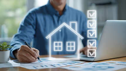 Fototapeta premium Man working on real estate documents with house icon and checklist.