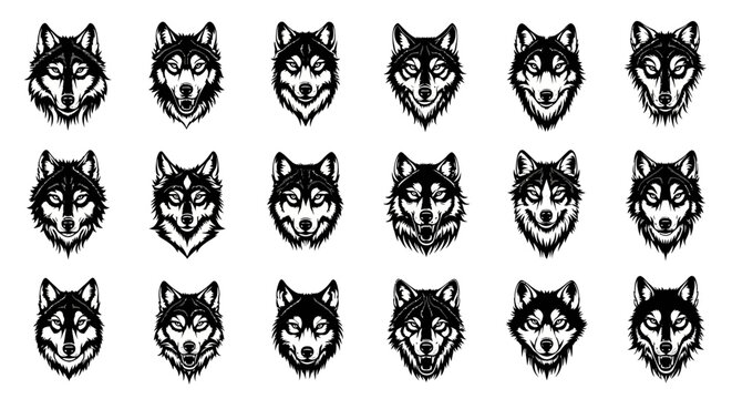 Collection of black and white wolf head illustrations in various expressions on a plain background