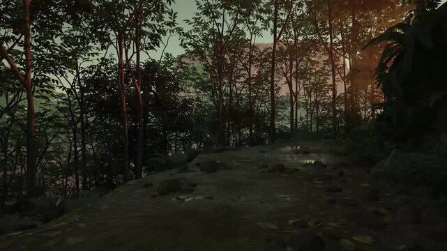 CGI Realistic Jungle Path: Dense Tropical Forest with Morning Sunbeams and Lush Foliage