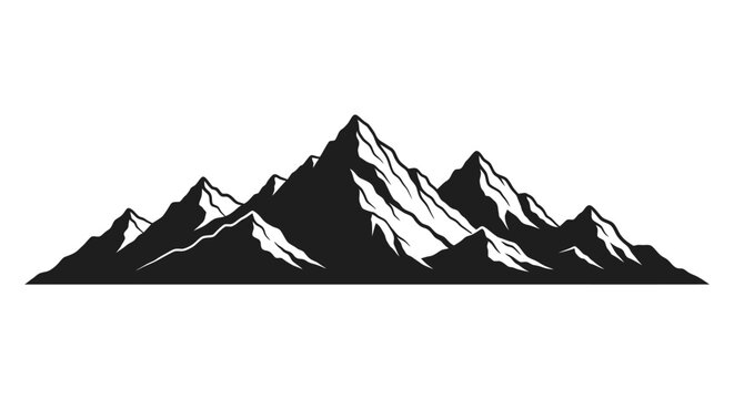 Black and white mountain range landscape with peaks and snow minimalist illustration style simple background
