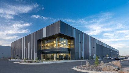 Fototapeta premium Modern Industrial Building Exterior with Glass Entrance and Blue Sky.