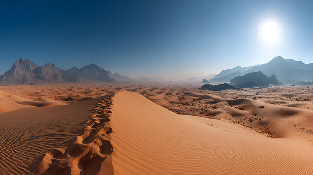 Vast Desert Landscape with Sand Dunes and Distant Mountains Under a Bright Sun.