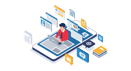 Obraz premium Mobile office and remote work concept showing a person working on a laptop integrated into a large smartphone screen.