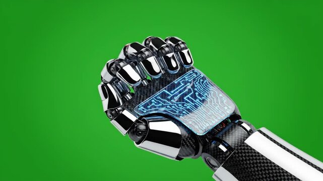 A bionic robotic hand with a glowing circuit board clenches into a fist and then opens on green screen.