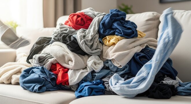 Pile of colorful clothes on a white sofa.