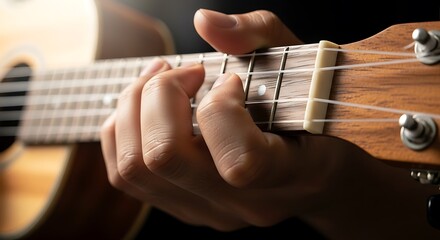 Fototapeta premium Close up of Musician Hands Playing Ukulele Fretboard