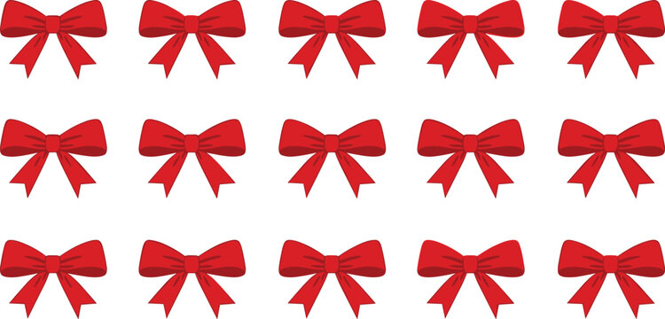 Set of red ribbon bow icons with various shapes and styles festive flat vector collection for gift wrapping holiday decoration and celebration design elements