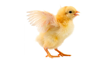 Obraz premium Baby chick standing with wings spread in a bright setting, expressing curiosity and energy during the day