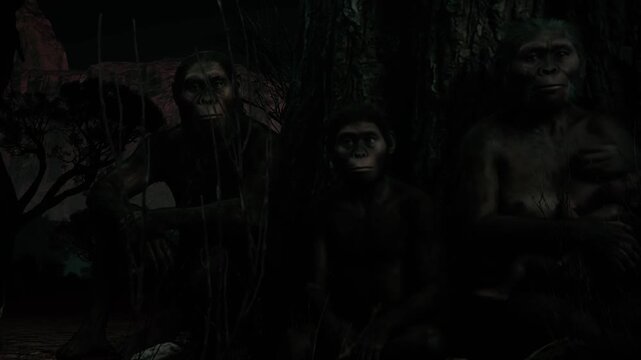 CGI Illustration: Early Australopithecus Hominid Walking Through Arid Prehistoric Landscape