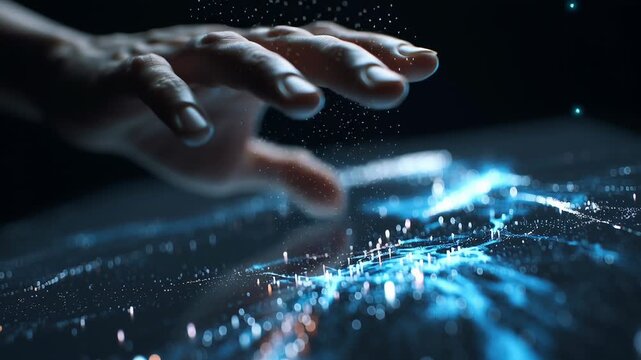 Futuristic hand interacting with glowing digital interface, blue light data points and lines, technology concept showcasing innovation and connection