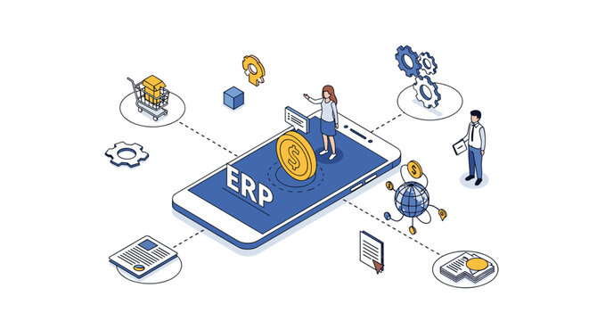 Enterprise resource planning ERP software on mobile phone with business icons for finance global logistics.
