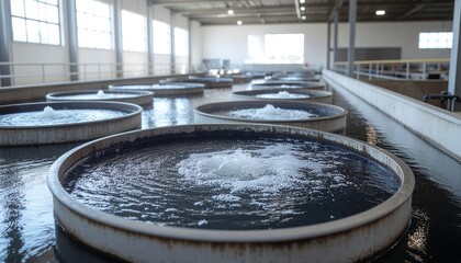 Fototapeta premium Industrial aquaculture tanks with bubbling aeration systems, showcasing clean water circulation and modern fish farming processes, representing sustainable aquatic agriculture and seafood production.