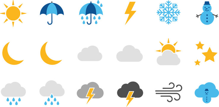 Weather flat icon set with sun, moon, clouds, rain, thunderstorm, snowflake, wind and forecast symbols for climate and meteorology design
