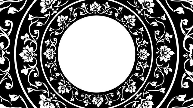 seamless loop of black and white monochrome circular mandala floral pattern rotating in opposite direction each other, with copy space in center  