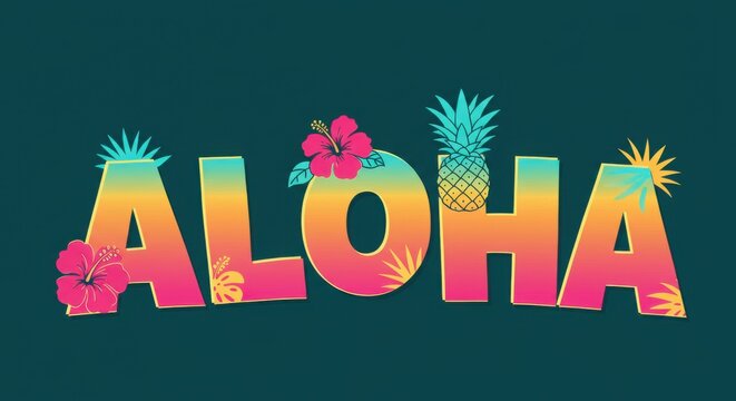 Aloha tropical typography with sunset gradient, Hawaiian summer greeting with hibiscus flowers and pineapple, vibrant island vacation text art