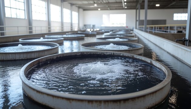 Industrial aquaculture tanks with bubbling aeration systems, showcasing clean water circulation and modern fish farming processes, representing sustainable aquatic agriculture and seafood production.