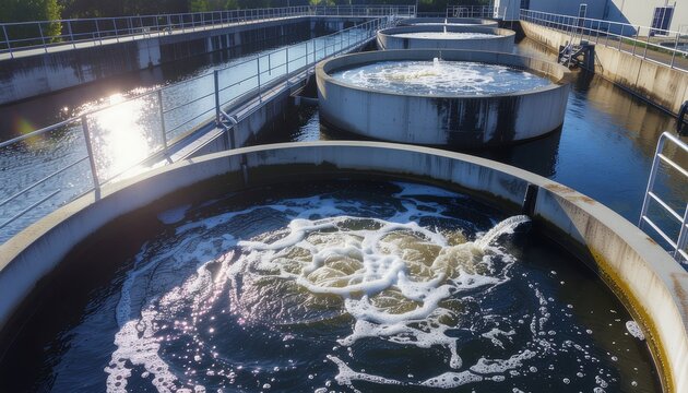 Industrial wastewater treatment plant clarifier tanks with frothy aeration and sparkling sunlight reflections, representing environmental sustainability and engineering, for water purification