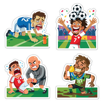 Completely exhausted player crawling on hands and knees towards water bottle during extra time alongside a joyful superstar balancing three match balls perfectly to celebrate hat trick set.