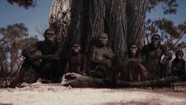 A primitive homid tribe seeks shelter and socializes beneath the shadows of a massive ancient tree in this detailed CGI reconstruction.