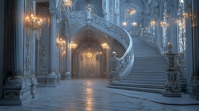 Grand luxurious palace interior with sweeping staircase and crystal chandeliers.