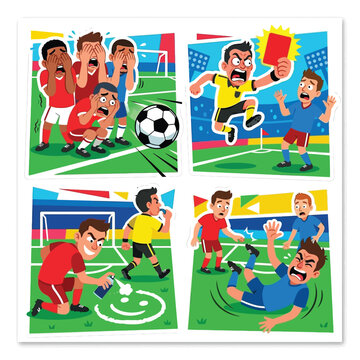 Three terrified players in a defensive free kick wall completely covering their faces in extreme fear alongside furious referee leaping aggressively to flash giant glowing red card sticker.