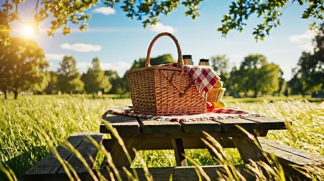 Picnic basket on wooden park table surrounded by tall summer grass in sunny outdoor landscape