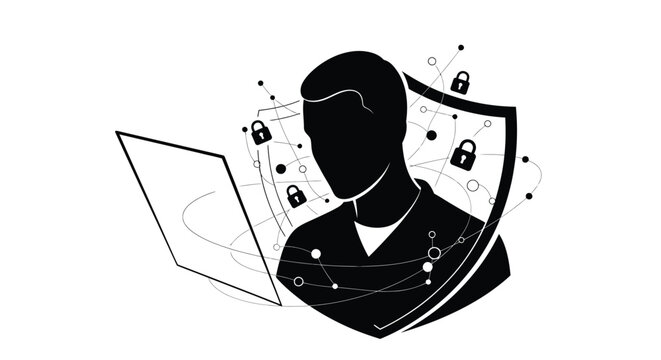This vector graphic illustration depicts a silhouette of a man intently focused on a laptop screen, surrounded by a protective shield design adorned with digital locks and network connections, symboli