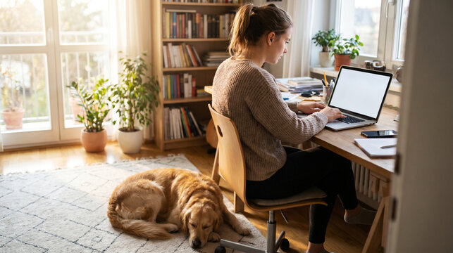 Young woman working from home on laptop with her golden retriever dog lying on the floor