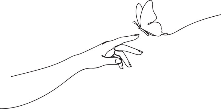 Hand gently touching a butterfly illustration Continuous Line Art Vector Illustration