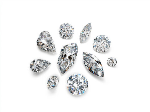 a set of various shaped diamonds isolated on white, photorealistic, sharp detailed, all in focus, top-down view