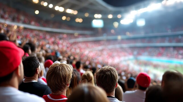 Sports fans watching match in crowded stadium stands