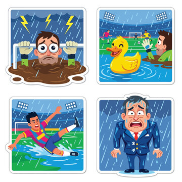 Miserable goalkeeper completely stuck in a giant deep mud puddle during a massive thunderstorm while a cheerful duck swims happily past him entirely ignoring the ongoing intense soccer match.