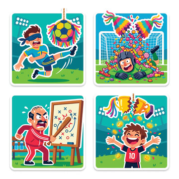 Blindfolded striker swinging leg wildly trying to kick hanging colorful pinata shaped like soccer ball alongside goalkeeper buried under massive pile of sweet candies exploding from it.