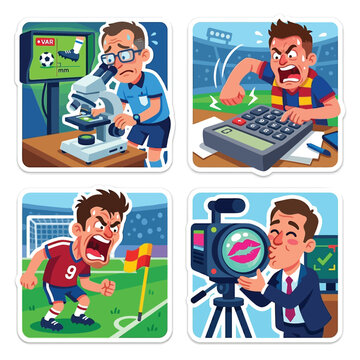 Anxious referee using giant microscope to check millimeter offside on var monitor next to fan sweating profusely calculating group stage points with massive calculator sticker set.