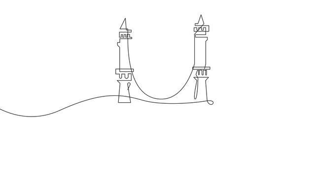 Continuous line holy mosque animation. One line Kaaba and sacred architecture silhouette on clean white background.