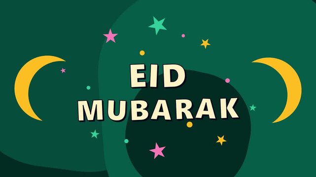 Eid Mubarak Greeting Animation with Yellow Crescent Moons and Twinkling Stars on Dark Green Background
