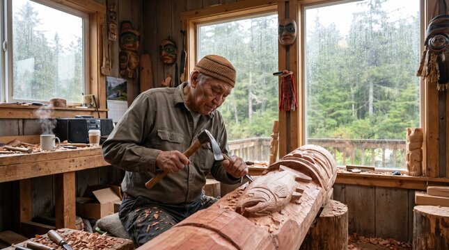 Tlingit craftsman working on totem pole wood carving in rustic workshop for indigenous cultural preservation heritage storytelling visual reference