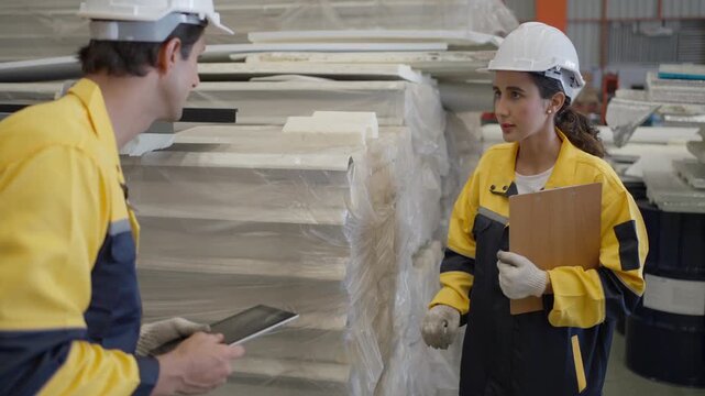 Industrial engineers reviewing production documents and discussing manufacturing operation inside factory.