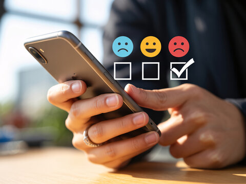 A person holds a smartphone with a satisfied emoji face checked on a rating survey on the screen in their hand
