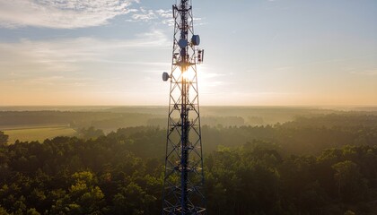 Obraz premium Towering telecommunication mast with antennas, bathed in warm golden sunrise light against a misty forest and agricultural landscape, symbolizing connectivity, broadcasting, and modern infrastructure