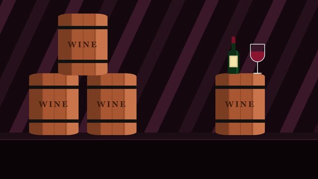 Animated Illustration of Wooden Wine Barrels in Cellar with Bottle and Glass of Red Wine
